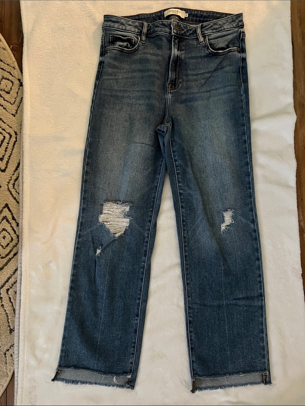 Straight Leg Distressed Jeans in Dark Blue by (unknown)